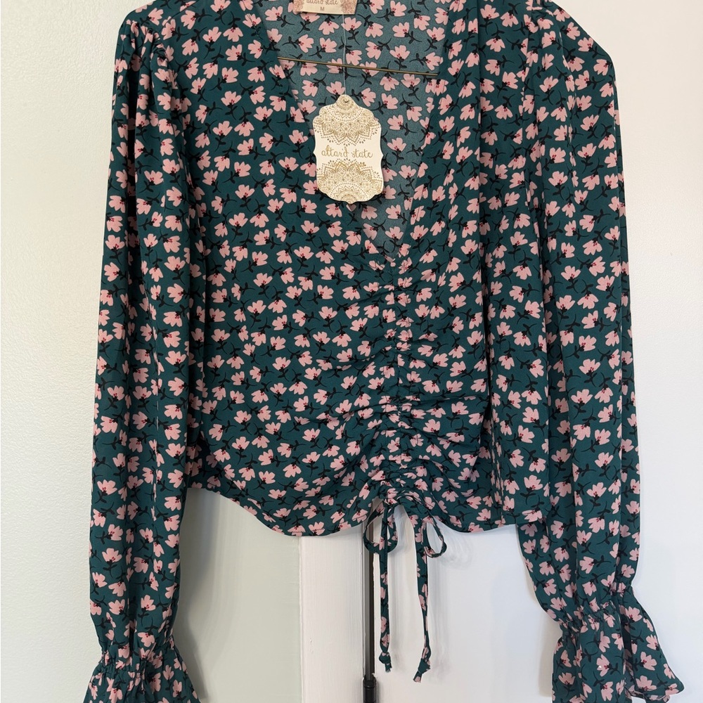 Altar'd State Dark Green and Pink Floral Blouse